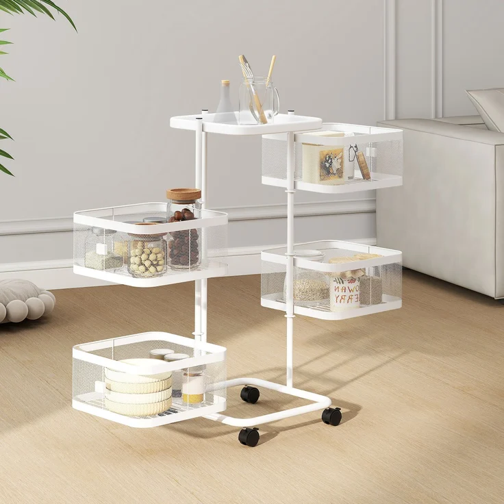 Wohnora-4er-Pack drehbare Körbe auf Rollen, Gemüse- und Obstwagen, Tablett, Drahtregal, 33 x 33 x 77 cm, weiß,H 770cm x T 330cm x B 330cm – Bild 3
