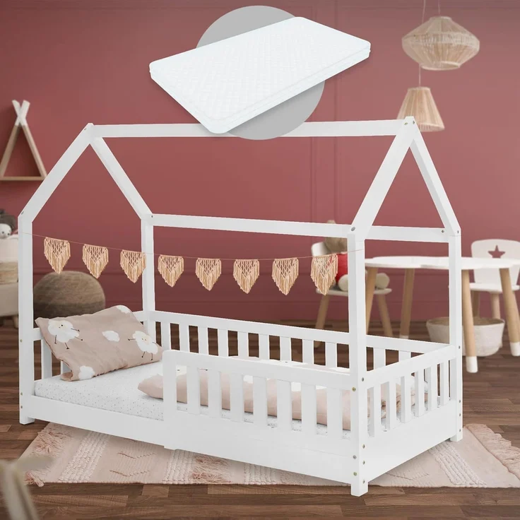 ML-DESIGN Kinderbett Hausbett Spielbett inkl. Lattenrost kreativ Bodenbett für Kinder, Abenteuerbett mit Rausfallschutz Spielbett Kiefer Weiß Himmelbett – Bild 1