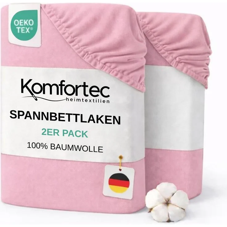 Komfortec Spannbettlaken Jersey 2er Set 100% Baumwolle – 180x200 cm – Weich, Atmungsaktiv & Hautfreundlich – Mit Rundumgummi – Oeko-Tex Zertifiziert – Für Boxspring, Topper & Matratzen – Rosa