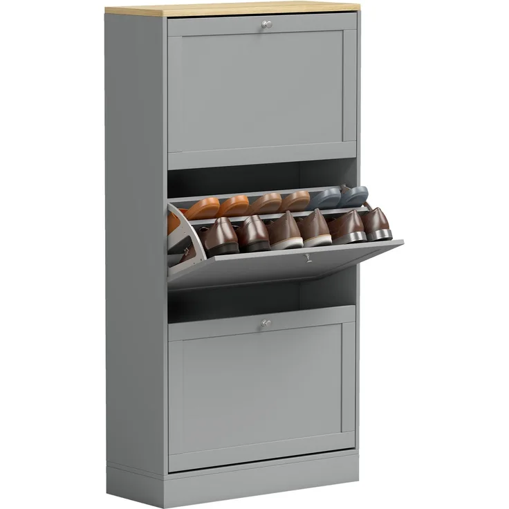 Schuhschrank für 18 Paar Schuhe, Schuhschrank mit 3 Klappschubladen, verstellbaren Einlegeböden, 60 x 23,5 x 115 cm, grau