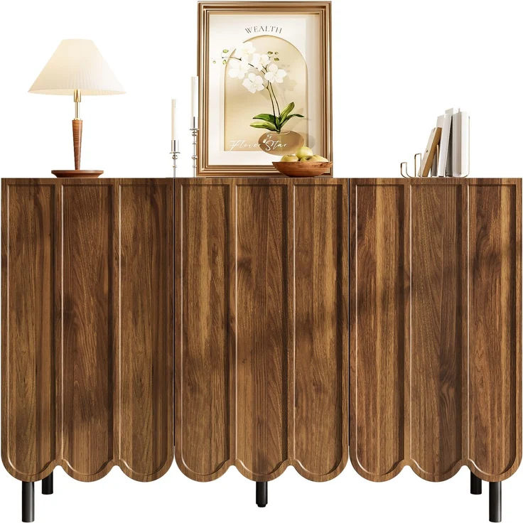 Modernes holzfarbenes Sideboard mit Wellentüren – 120x35x80 cm – grifflos, verstellbare Regale – Stauraum für Wohnzimmer, Flur & Esszimmer – Bild 2