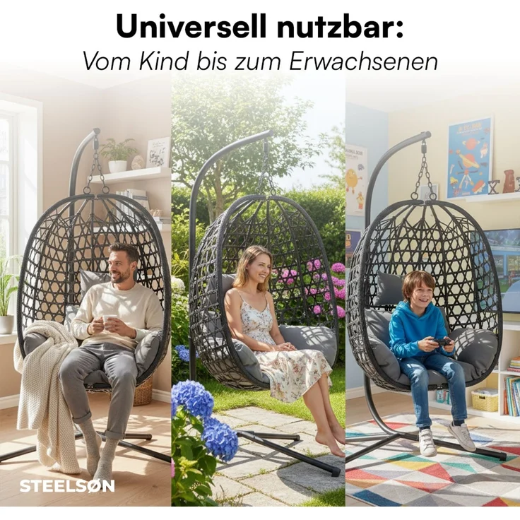 STEELSØN 'Sarin' Hängesessel mit Metallgestell, höhenverstellbar und faltbar, wetterfest, Polyrattan, dunkelgrau/schwarz, bis 150 kg belastbar, inkl. Kissen – Bild 7