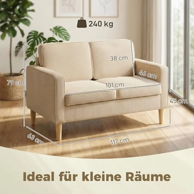 HOMCOM Loveseat Modern Polstersofa mit 2 Wurfkissen Stauraum Massivholzfüßen (Couch, 1-St, 2-Sitzer Sofa), aus Corduroy für Wohnzimmer, Schlafzimmer, Beige 117 x 63 x 79 cm – Bild 3