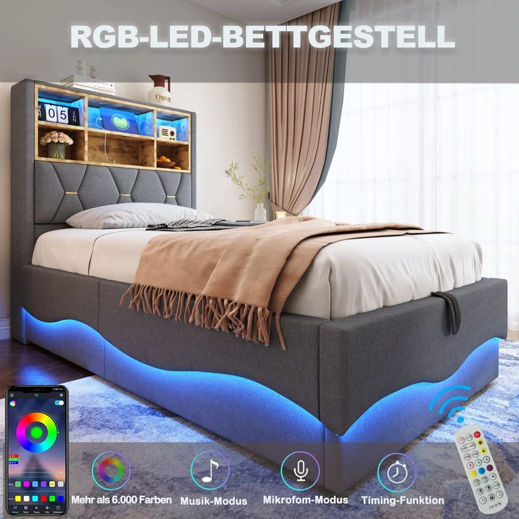 Kinderbett 90x200 cm mit LED, USB & Hydraulik-Stauraum, ohne Matratze, Leinen Grau – Bild 5