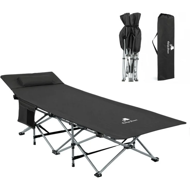 CampFeuer Campingliege Campingbett mit Kopfkissen, Schwarz, bis 150 kg, 187 x 67 x 48 cm – Bild 1