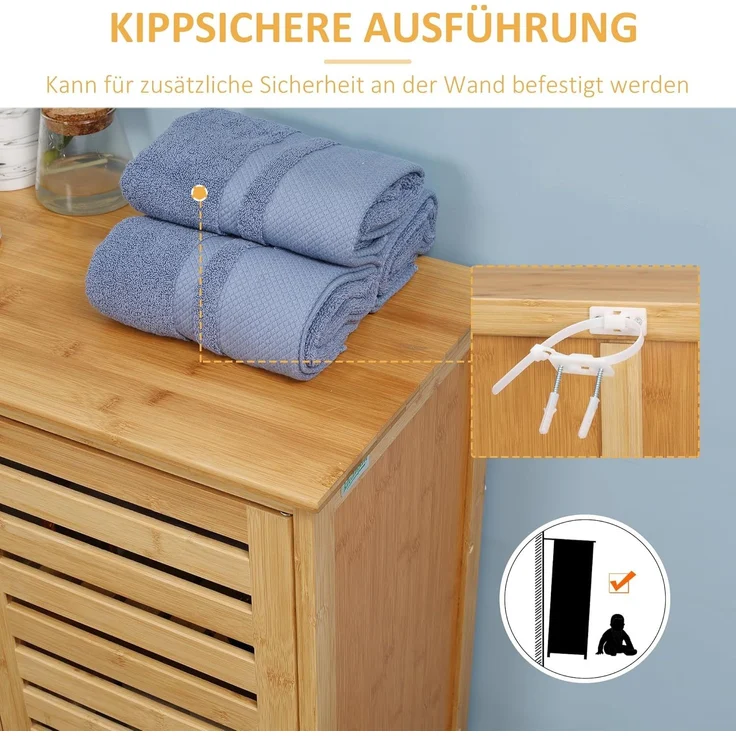 Kleankin Badkommode Badezimmerschrank, Badschrank (Beistellschrank mit 2 Lamellentüren, Innenregalen, 1 St, Bambus Aufbewahrungsschrank für Badezimmer), 68 x 32 x 86 cm, Natur – Bild 7