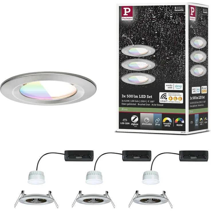 Paulmann 92450 LED Einbauleuchte Nova Coin 3er-Set Zigbee RGBW Eisen gebürstet IP44