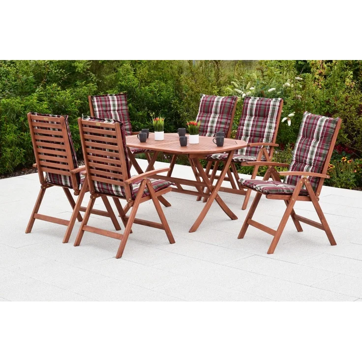 Borkum Gartenmöbel Set 13tlg, 6 Klappsessel, 6 Auflagen, Klapptisch 135 x 85 cm, Eukalyptus – Bild 2