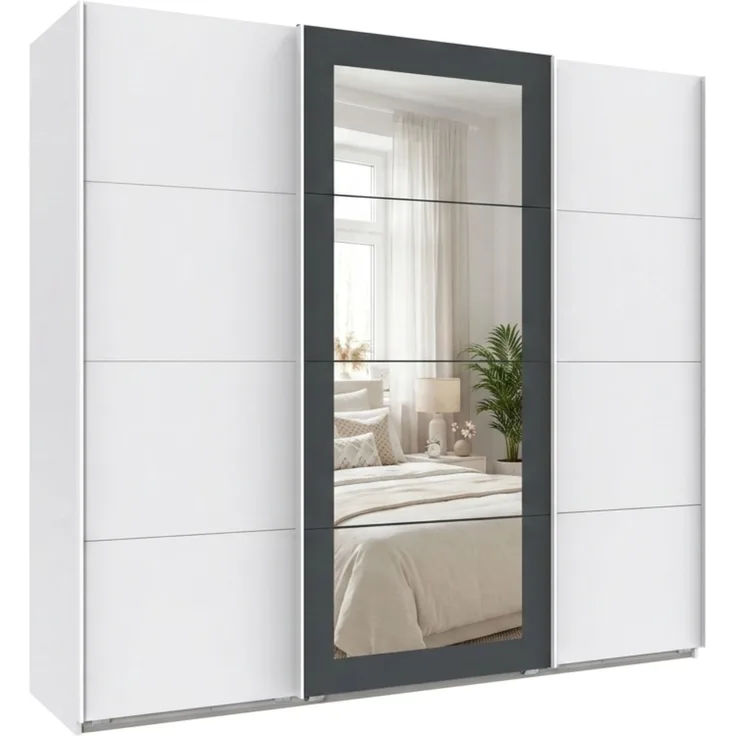 Schwebetürenschrank 3-trg Kleiderschrank 225 cm in Weiß Spiegel umrahmt in Grafit