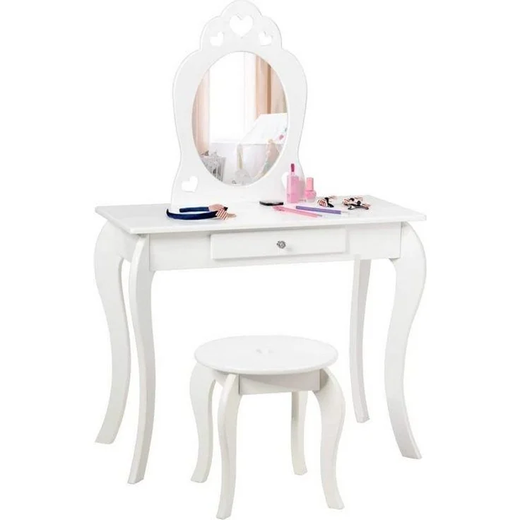 COSTWAY Kinder Schminktisch, Make-up Tisch mit Hocker und abnehmbarem Spiegel, Frisierkommode Holz, Maedchen Frisiertisch mit Schublade 70 x 34 x 105 cm Weiss – Bild 4