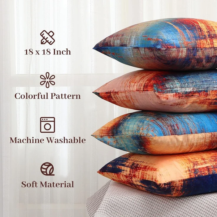 Kissenbezüge 40×40 cm 4er-Set Abstrakte Kunst Blau/Orange, Modern Sofa/Bett Deko – Bild 4