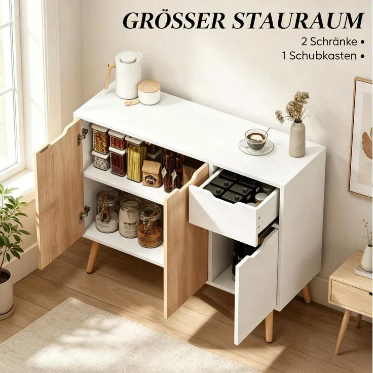 DESVIAE Sideboard Weiß/Helleiche aus Spanplatte/Kiefernholz – 90x72x30 cm – 2 Schränke, Schublade – Bild 5