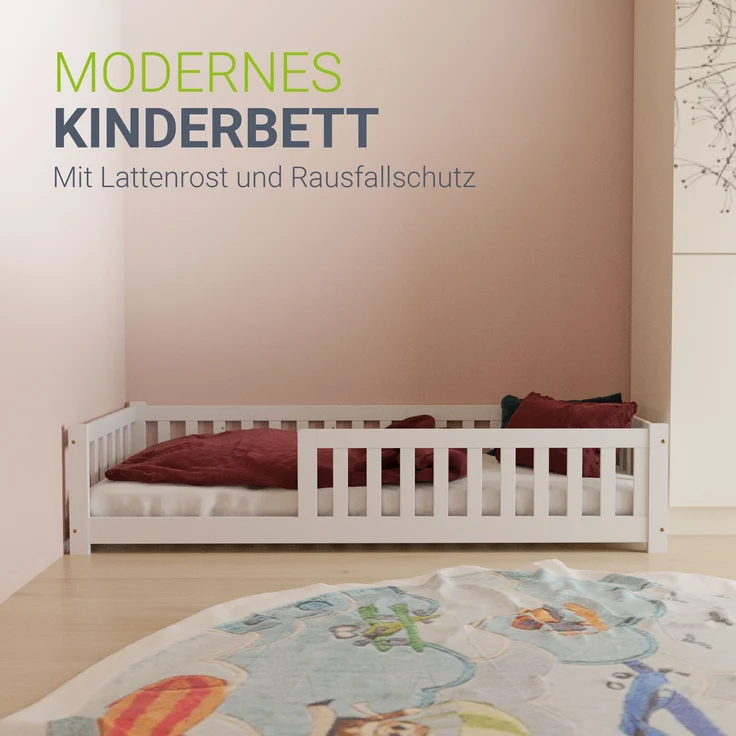 Juskys 'Naya' Kinderbett - mit Matratze, Rausfallschutz & Lattenrost - Bodenbett für Kinder 3 -10 Jahre - Holz Weiß, 140x200 cm – Bild 2