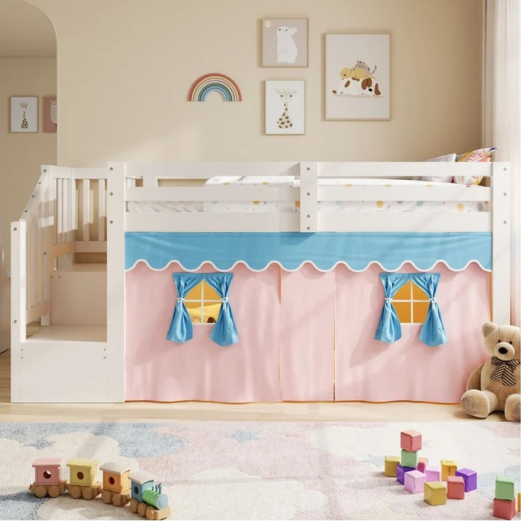 Flieks Kinderbett, Halbhohes Bett 90x200cm mit Verdunkelungsvorhänge und LED-Lichtleiste – Bild 2