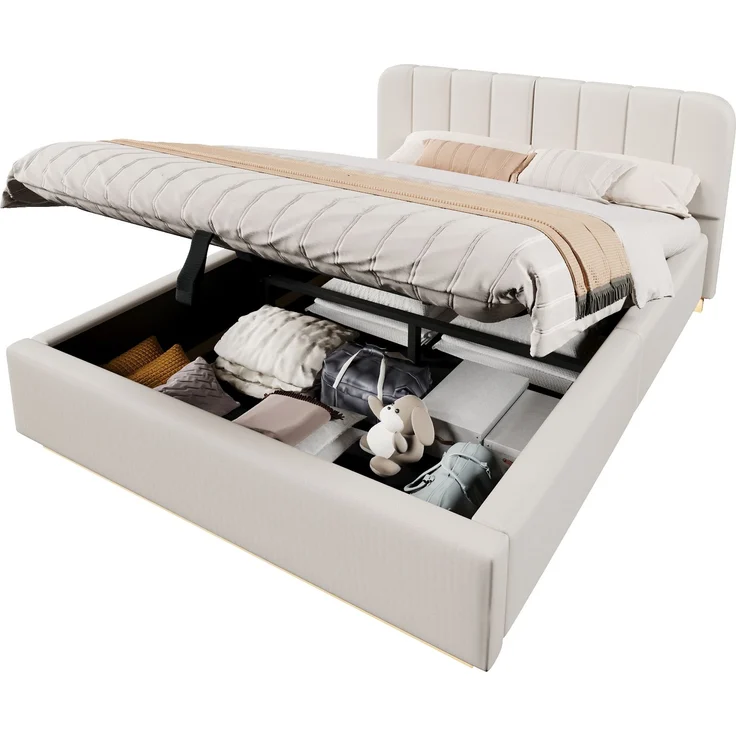 Polsterbett, Doppelbett, 140 x 200 cm, Bett mit Lattenrost, Kopfteil, Gepolstertes Kopfteil, Hydraulische Lagerung, Mit LED-Lichtleiste, Ohne Matratze, Beige Chenille – Bild 6