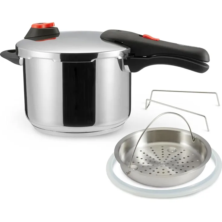 Amazon Basics Schnellkochtopf aus Edelstahl - mit Dampfgarer, induktionsgeeignet - 6 Liter, Silber