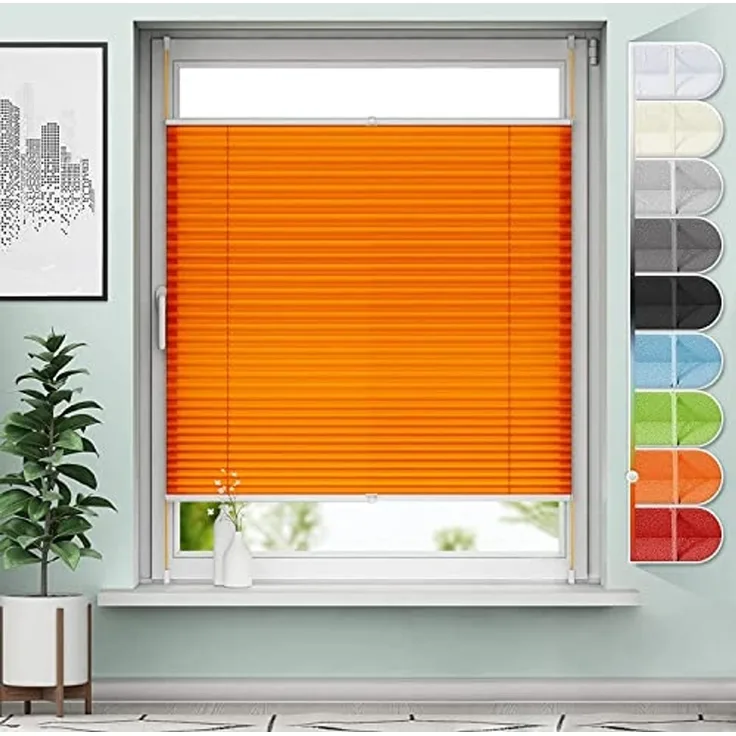 Sanfree Plissee Klemmfix Plisseerollo ohne Bohren Orange B85 x H120cm inkl. Klemmträger Blickdicht und lichtdurchlässig Jalousie Faltrollo Sichtschutz und Sonnenschutz Rollo für Fenster & Tür