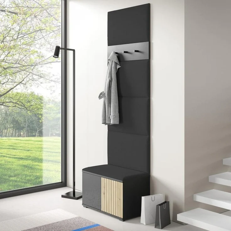 Garderoben-Set Rosario Version 6 mit Lamellen, mit Polsterplatten und Schuhschrank (Schwarz / Eiche Artisan, Trinity 16), 225 x 40 x 70 cm – Bild 6