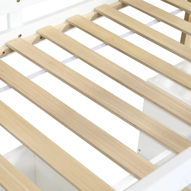 Kinder Hausbett 90x200 halbhoch mit Dach & 2 Schränken - Weiß+Natur, mit Treppe,Sicherheitszaun, Stauraum,Spielbett – Bild 10