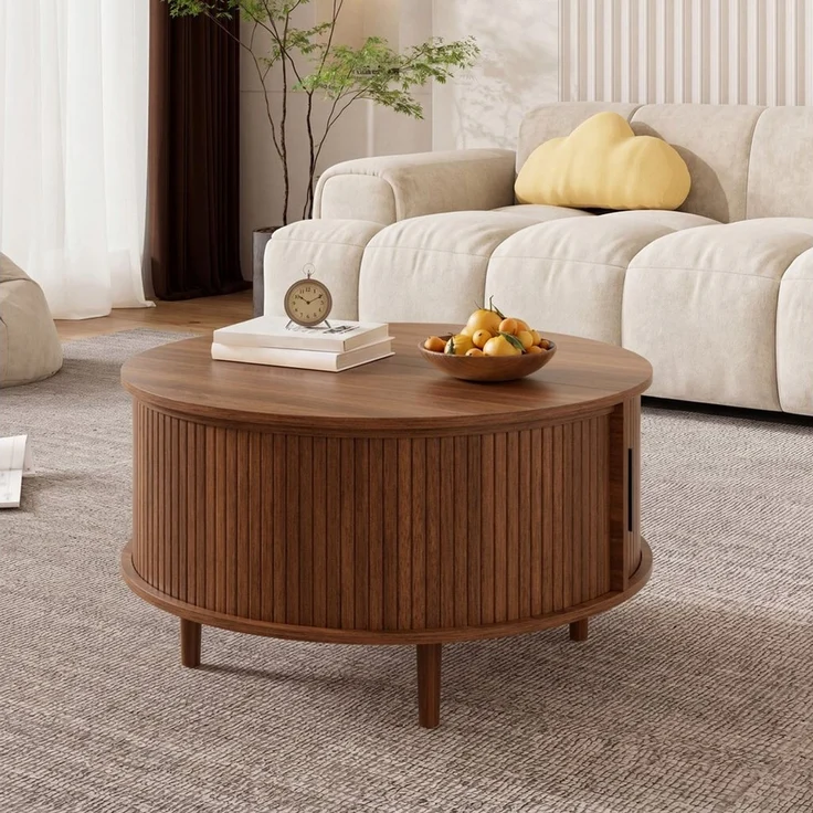 HAUSS SPOLE Couchtisch Couchtisch höhenverstellbar Kaffeetisch mit Schiebetür und Holzfüße (Wohnzimmertisch mit höhenverstellbarer Tischplatte), Moderner Sofatisch Holzoptik mit vertikalen Leisten – Bild 2