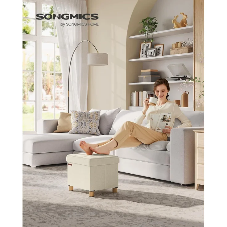 SONGMICS Sitzhocker mit Stauraum, kleine klappbare Sitzbank, 32x40 cm Fußbank, Aufbewahrungsbox, bis 300 kg belastbar, für Wohnzimmer Schlafzimmer Schlafsaal, cremeweiß LSF012W11 – Bild 2