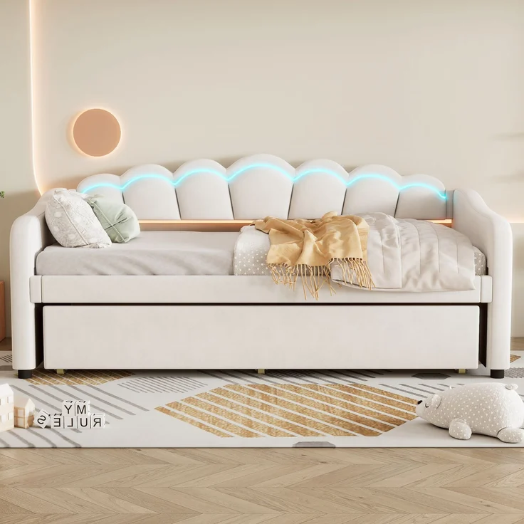 Tagesbett, Samt mit Ausziehbett & LED-Beleuchtung, 90x200 cm, Beige, ohne Matratze – Bild 3