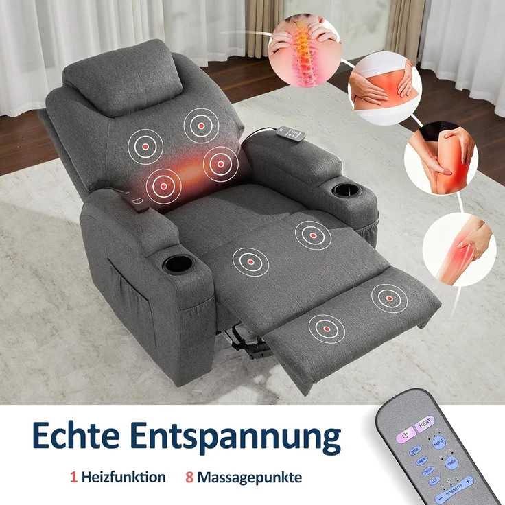 MCombo Elektrisch Relaxsessel Massagesessel Fernsehsessel 7061, mit Liegefunktion, mit Vibration Heizung, Stoff, Grau, 92 x 92 x 109 cm – Bild 5