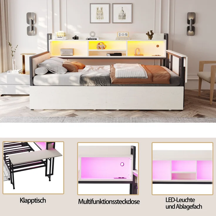 Bett 90x200 cm mit Stauraum und LED-Beleuchtung – Einzelbett aus Metall mit ausziehbarem Schreibtisch – Bild 6