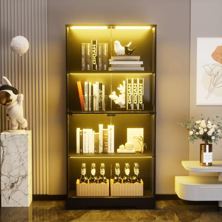Vierstöckige Glasvitrine mit Stauraum, LED-Beleuchtung, Glastüren und intelligenten Sensoren, Als Glasvitrine für Wohnzimmer, Schlafzimmer und Büros geeignet, Schwarz--Schwarz--80x35x165cm--YOUDENOVA – Bild 2