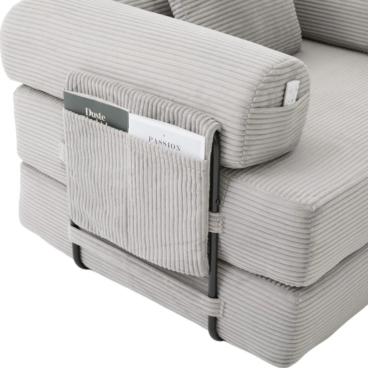 Modulares Cordsofa mit Hocker, Metallgestell & Seitentasche, 200x190x67 cm, Hellgrau – Bild 10