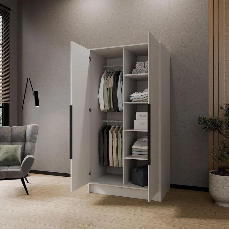 MEBLINI Kleiderschrank LUSINDA 100cm - Weiß Matt - mit schwarzen Griffen - Drehtürenschrank mit einem Spiegel - Kleiderstangen und Regalböden – Bild 3