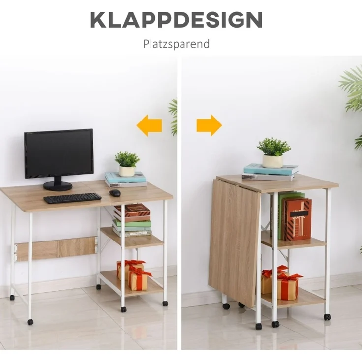Klapptisch mit MDF-Platte und Rollen, 107x55x76 cm, Weiß – Bild 3