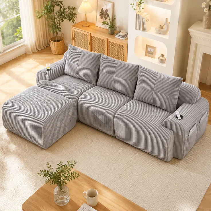 EINHOM Modulares Cordsofa für 3 Personen (mit Hockern), frei kombinierbar, inklusive Getränkehalter und seitlicher Aufbewahrungstasche, ideal für Wohnzimmer, Familienzimmer und weitere Räume. Hellgrau – Bild 1