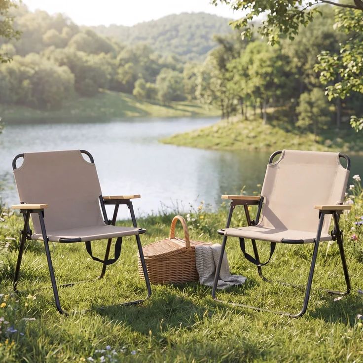 2er-Set Campingstuhl HWC-Q43, Gartenstuhl Balkonstuhl Freizeitstuhl, klappbar Bambus Metall Stoff/Textil ~ creme – Bild 1