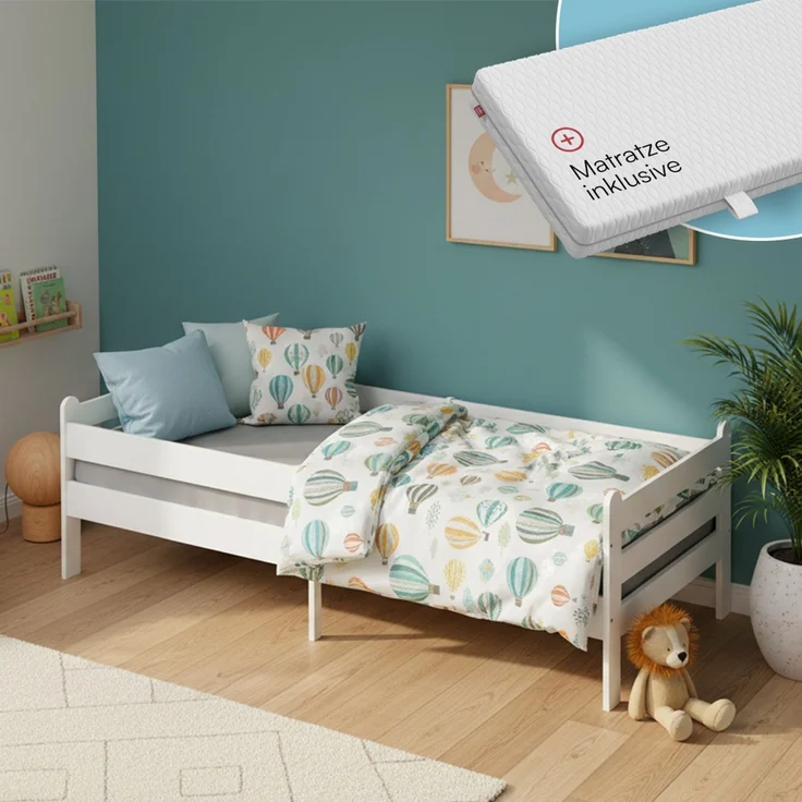 Bellabino 'Kuru' Kinderbett 90x200 cm mit Matratze, weiß, Jugendbett mit Rausfallschutz und Lattenrost – Bild 1