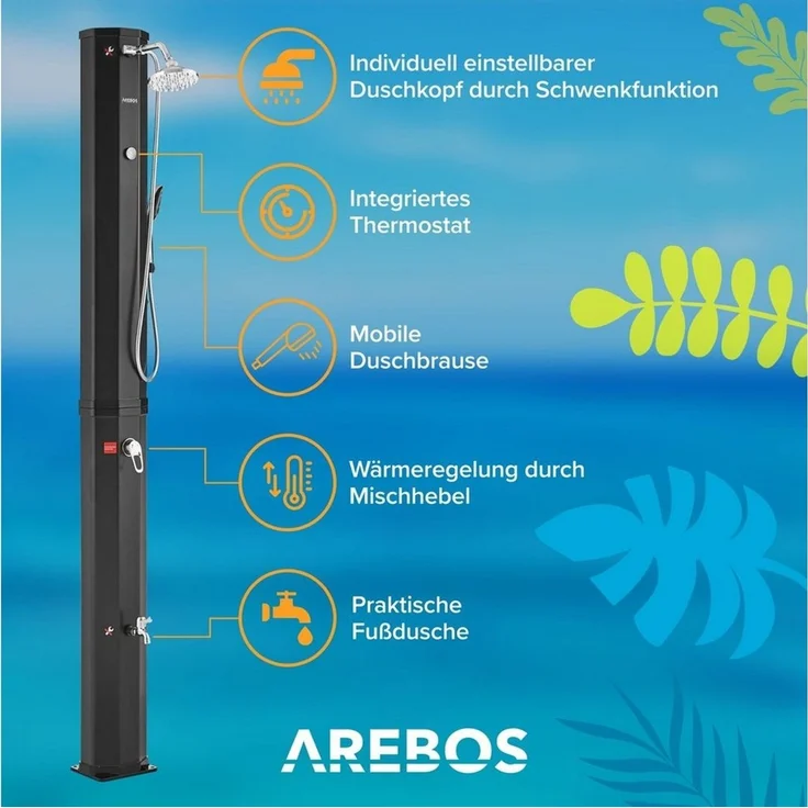 Arebos Solardusche 60 L Solar-Gartendusche mit Handbrause, Thermometer & Fußdusche (Komplett-Set, Schwarz), inkl. Abdeckhaube – Bild 3