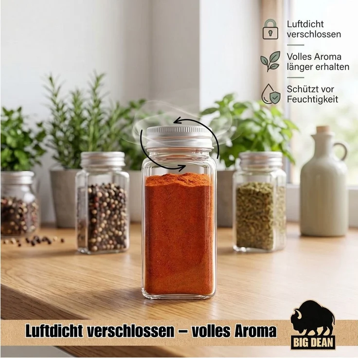 BigDean Gewürzbehälter Gewürzgläser Set eckig luftdichte Gewürzdosen, Glas, (Set, 24-tlg, Gewürzgläser), Kräuterglas, Gewürzglas, Lebensmittelecht, BPA-Frei, Aromaneutral – Bild 4