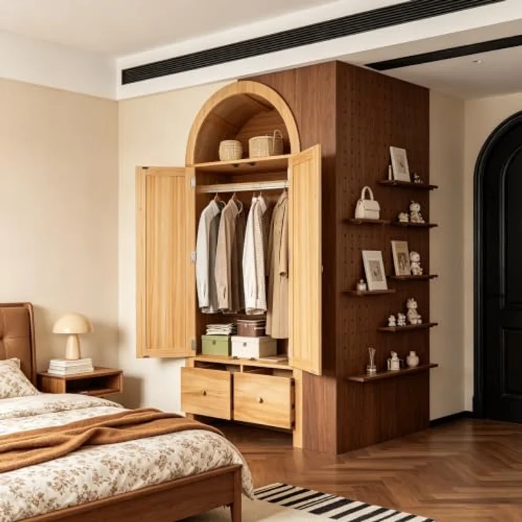 Arcus Gewölbter Kleiderschrank mit Rattan-Türen, 3 Staubereichen, 2 Schubladen für Schlafzimmer & Eingangsbereich (Naturfarbe) – Bild 5