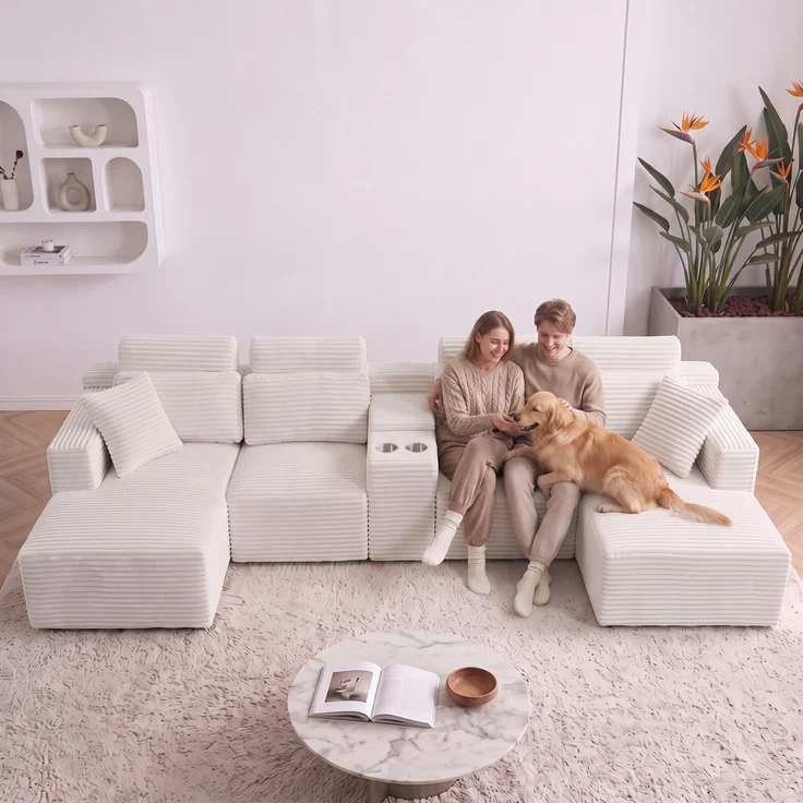 ZUBALIYA Boneless Compression Sofa, U-förmiges modulares Sofa mit integrierten Becherhaltern, Off-Weiß, 372 x 151 x 80 cm – Bild 6