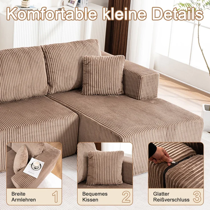 Schlafsofa U-Form 332x156x88 cm Braun aus Corduroy, mit Schlaffunktion, 4 großen und 2 kleinen Kissen – Bild 6