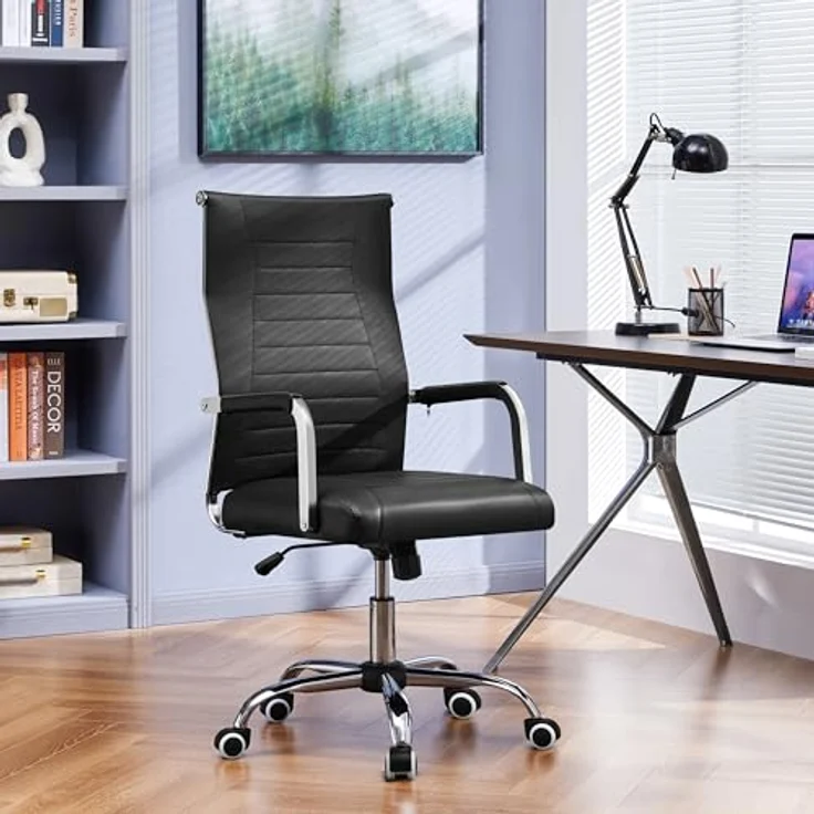 Yaheetech Bürostuhl ergonomischer Schreibtischstuhl mit Armlehnen, Chefsessel Computerstuhl hoher Rückenlehne, Arbeitsstuhl mit Wippfunktion bis 136 kg Belastbar Schwarz – Bild 3