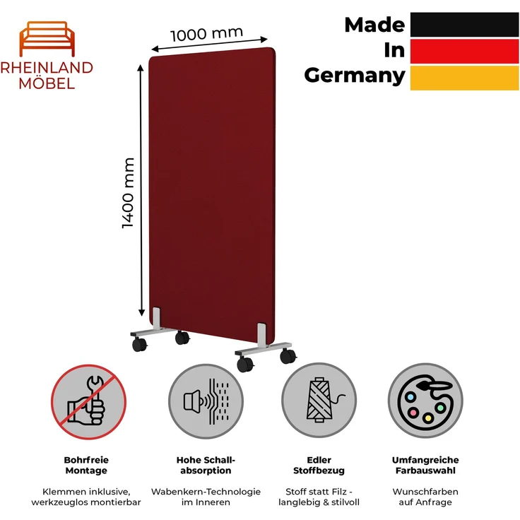 Rheinland Möbel FocusWall STWR1014 – Akustik-Stellwand 1000×1400 mm in Stofffarbe Calypso inkl. Rollen – Mobile Schreibtisch-Trennwand für Büro & Homeoffice – Schallschutz – Made in Germany – Bild 2