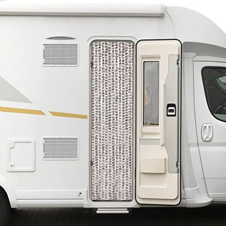 Moritz Flauschvorhang aus Chenille 56 x 185 cm taupe weiß gesteift Türvorhang als Fliegenschutz Insektenschutz für Camping Wohnwagen – Bild 2