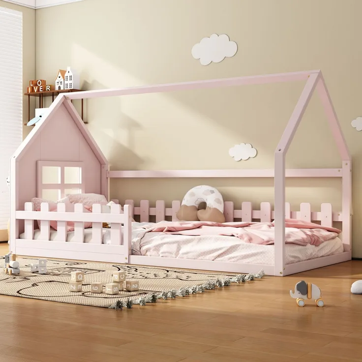 Kinderbett 90x200 cm in Hausform, rosa Jugendbett aus Kiefer & MDF, stabiles Hausbett für Mädchenzimmer