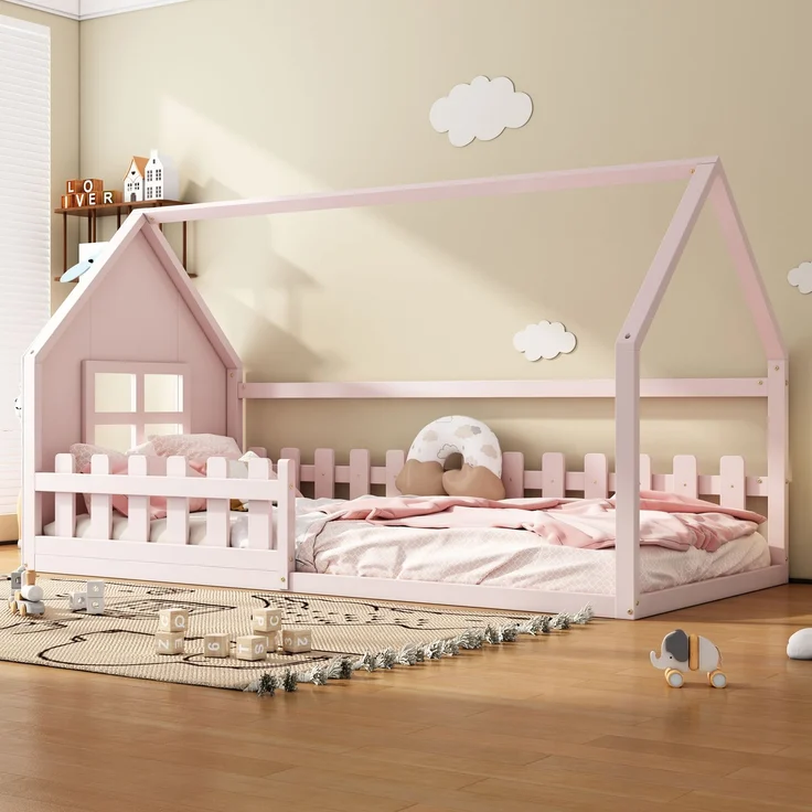 Kinderbett 90x200 cm in Hausform, rosa Jugendbett aus Kiefer & MDF, stabiles Hausbett für Mädchenzimmer – Bild 1