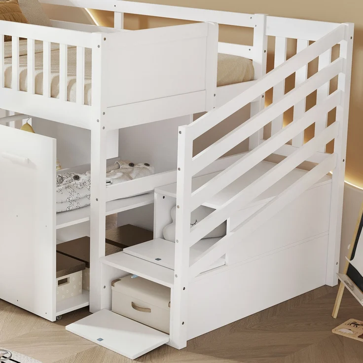 Abrihome Kinderbett Etagenbett 90x200 cm mit Fallschutz und Stauraum, Weiß – Bild 7