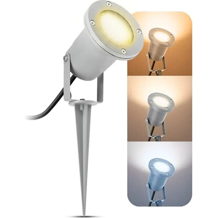 SSC-LUXon LED Gartenstrahler mit Erdspieß, schwenkbarer Kopf, 3W GU10, drei einstellbare Lichtfarben (3CCT), silber/grau, IP65