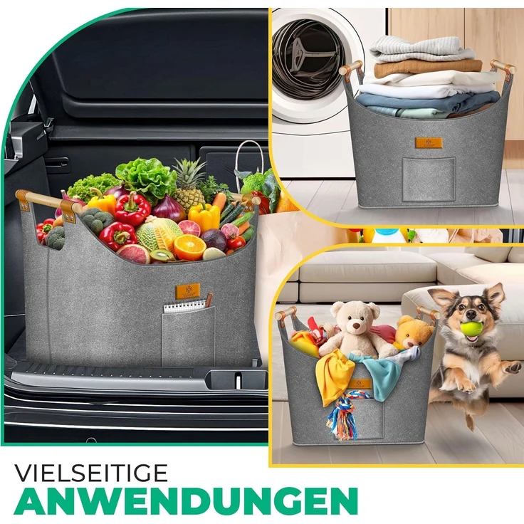 KESSER® Brennholzkorb | Kaminholztasche extra dicker Filz | Feuerholzkorb faltbar mit verstärkten Holzgriffen | Aufbewahrungskorb für Holz, Zeitung oder Brennholz | Inkl. Arbeitshandschuhen Grau, 60 Liter – Bild 6