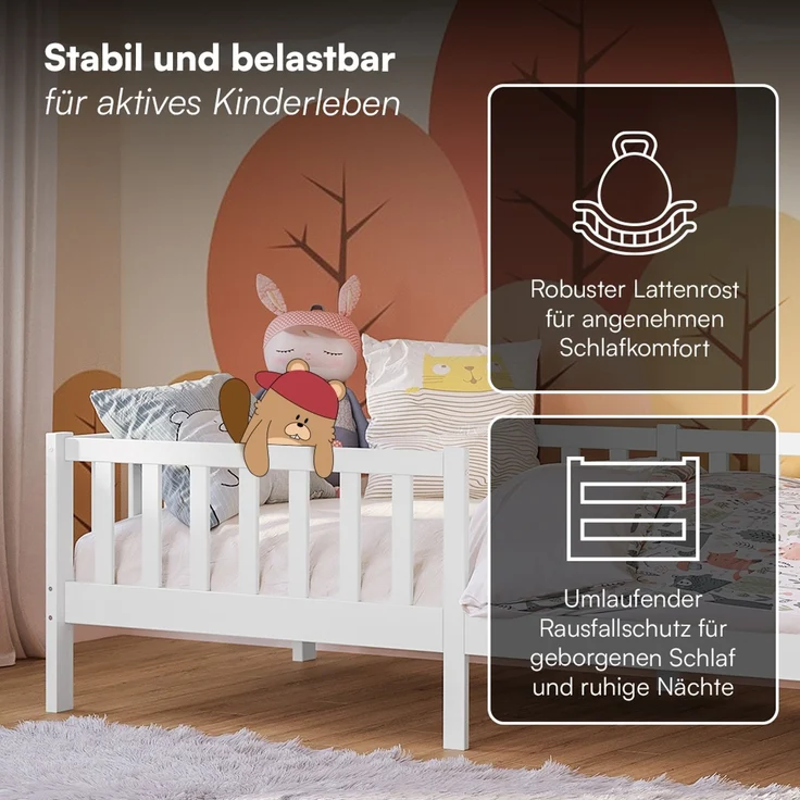 Bellabino 'Vere' Kinderbett 90x200 cm mit Matratze, weiß, Massivholz Kiefer, Jugendbett mit Rausfallschutz und Lattenrost – Bild 4