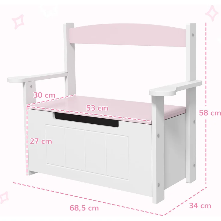 JARDJ Kinder-Aufbewahrungsbank mit Rückenlehne und Soft-Close-Deckel, Tragkraft 30 kg, für Spielzimmer, 68,5 x 34 x 58 cm, Rosa und Weiß – Bild 5